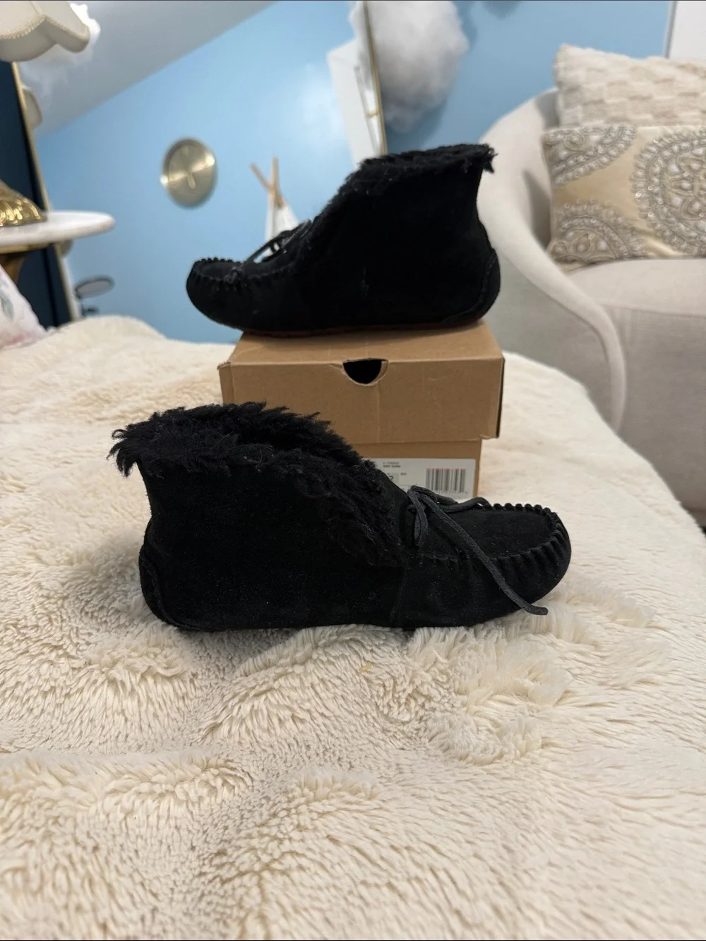 UGG Kids Black Suede Moccasin Slippers with Bow Accent